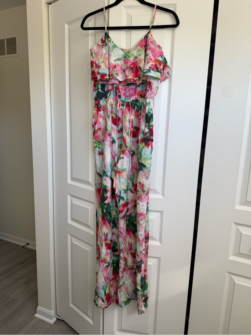 Anthropologie Silk Pink and Green Floral Jumpsuit